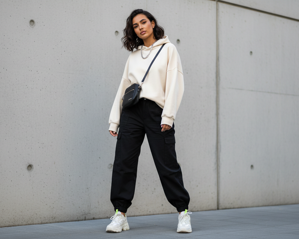 a girl wear hoodie and baggy pant with snekars