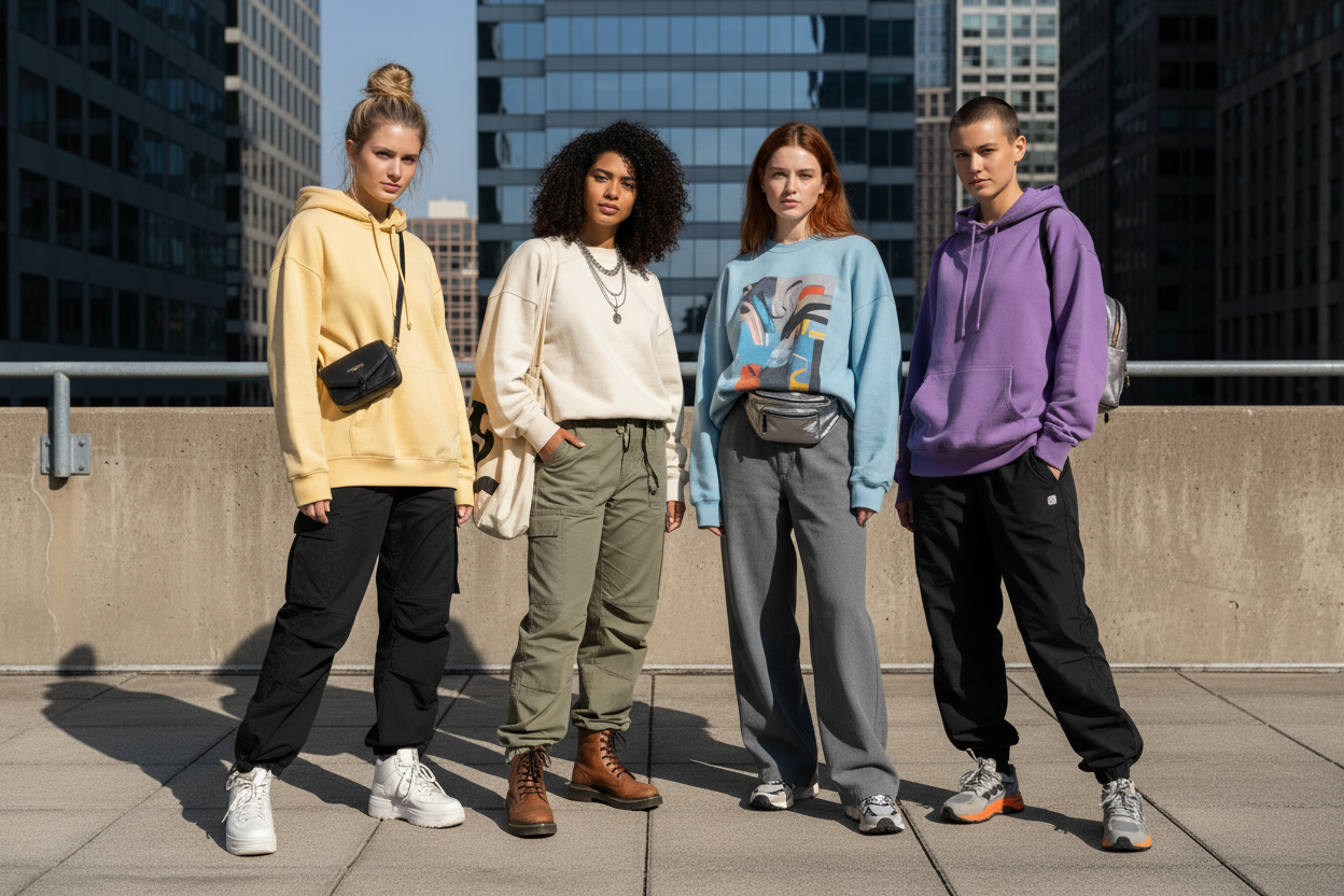 mordern western wear baggy pants  with sweatshirt ,  a group of stylish girls 